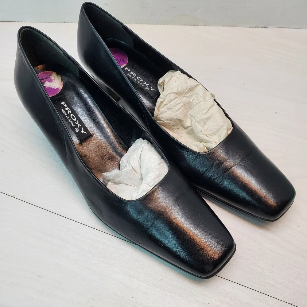 PROXY Black Leather Square Toe Block Heel Pumps Women Size 7.5 Made in Spain